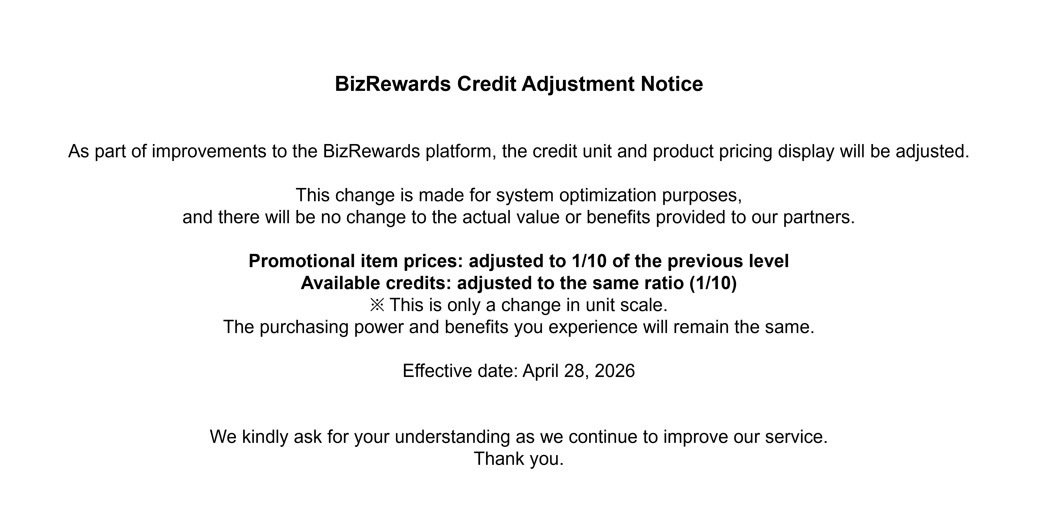 BizRewards Credit Adjustment Notice